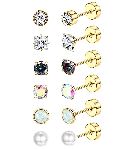 JeryWe 6 Paar Edelstahl Ohrstecker Für Damen Herren CZ Opal Perle Flache Rückseite Ohrringe Knorpel Helix Ohrringe Set Schmuck Piercing Set (Ohrstecker) von JeryWe