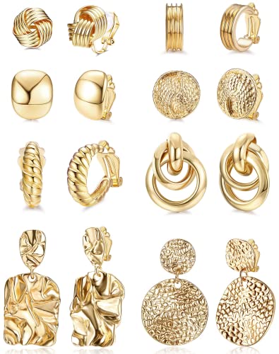 JeryWe 8 Paar Ohrclips Damen Ohne Ohrlöcher Clip Ohrringe Twist Knoten Ohrringe für Frauen 14K Vergoldet Chunky Gold Creolen Fake Ohrringe Set Non Piercing von JeryWe