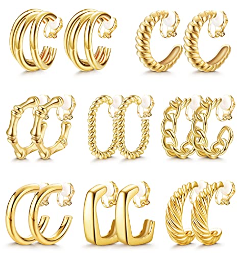 JeryWe 8 Paar Ohrring Clip für Damen Creolen Baumeln Ohrringe Set ohne ohrlöcher Chunky Clip On Hoop Ohrringe Nicht durchbohrt Twist Gehämmert Fake Anhänger Ohrclips Hypoallergen gold von JeryWe