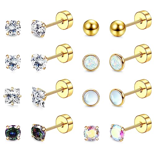 JeryWe 8 Paare Kleine Ohrstecker Set für Damen Mädchen 20G 316L Chirurgenstahl Knorpel Helix Flatback Ohrringe Mondstein Opal CZ Perle Herz Hypoallergenic Kinder Ohr Piercing gold von JeryWe