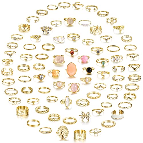 JeryWe 82 Stück Ringe Set für Damen Vintage Boho Knuckle Ring Kristall CZ Schlange Herz Stapelbare Fingerringe Böhmischen Trendige Stapelbare Midi Ring Gold von JeryWe