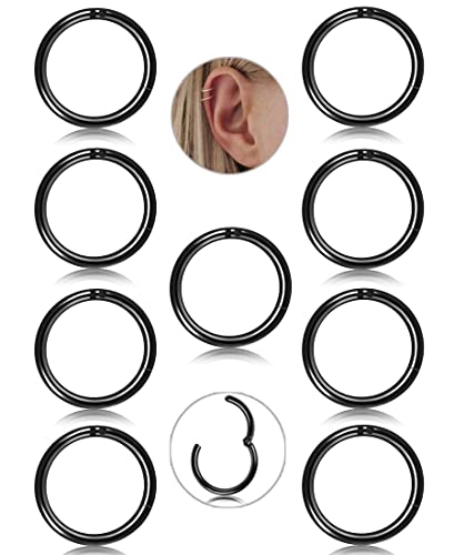 JeryWe 9Stk 16G Edelstahl Knorpel Creolen Ohrringe für Frauen Männer Nase Ringe Piercing Hoop Lippe Septum Clicker Ring Tragus Piercing Schmuck Set 10mm Schwarz von JeryWe