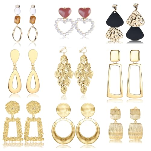 JeryWe 9 Paare Clip auf Ohrringe für Frauen Dangling Blatt Runde Trapez Quadrat Rechteck Geometrische Herz Clip Ohrringe Gold Statement Drop Dangle Ohrringe silbrig von JeryWe