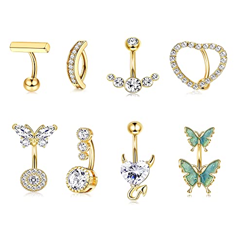 JeryWe 8 Pcs 14G Bauchnabelpiercing für Damen Mädchen Chirurgenstahl Curved Nabelpiercing Ring Banane Piercing CZ Schmetterling Herz Bauchnabel Bauch Bauchnabelringe Piercing Set 10mm gold von JeryWe