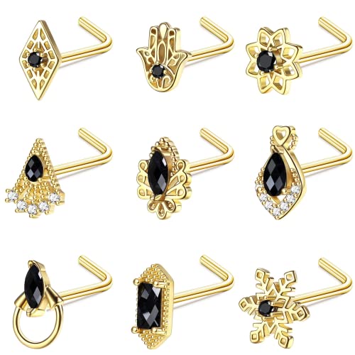 JeryWe 9 Stück 20G Nasenstecker Edelstahl 316L L Form Nasenpiercing für Frauen Indische Schneeflocke Hamsa Blume Rhombus Oval Geometrisch Kubischer Zirkon Einfach Charme Nasenstecker Piercing(Gold) von JeryWe