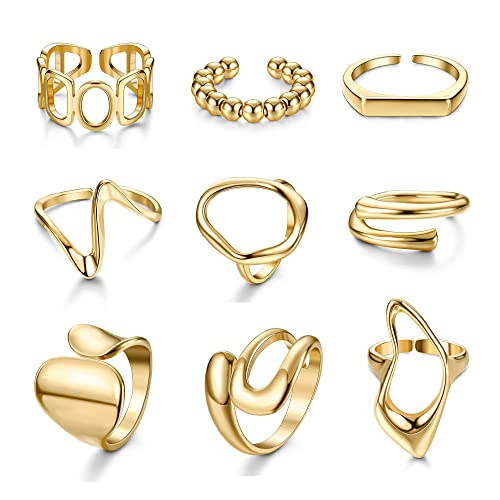 JeryWe 9 Stücke Damen Punk Ring Verstellbar Stapelringe Fingerringe Breiter Offene Stapelbare Kuppelring Set Unregelmäßige Geometrische Chunky Ringe Gold von JeryWe