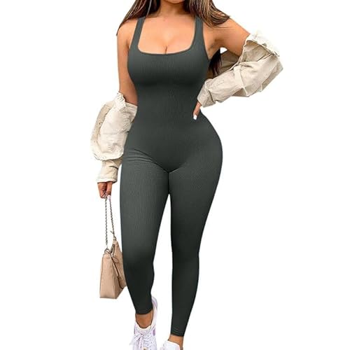 Jetjoy Damen Sport Jumpsuit Lang Yoga Armellos Bodycon Einteiler Ganzkörperanzug Stretch Elegant Jumpsuit eng Eckigem Ausschnitt Gerippte Workout Overall Hosenanzug,Vierkantansatz Olivgrün,L von Jetjoy