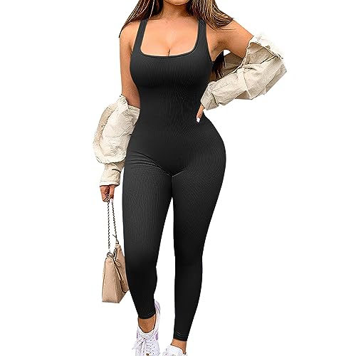 Jetjoy Damen Sport Jumpsuit Lang Yoga Armellos Bodycon Einteiler Ganzkörperanzug Stretch Elegant Jumpsuit eng Eckigem Ausschnitt Gerippte Workout Overall Hosenanzug,Vierkantansatz Schwarz,L von Jetjoy