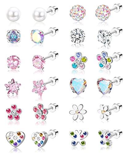 JeweBella 12Paar Kleine Ohrstecker Set für Damen Mädchen Chirurgenstahl Hypoallergen Schmetterling Blume Ohrringe Niedlich Herz Zirkonia Mehrfarbig Schraubverschluss Piercing Ohrringe Set von JeweBella