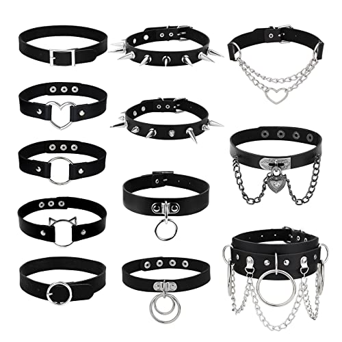 JeweBella 12 Stück Choker Halsband für Damen Frauen Schwarz Punk Choker Herz Gothic Choker Nieten Leder Choker Spikes Rock Choker Kragen Choker Halskette Set für Halloween Cosplay von JeweBella