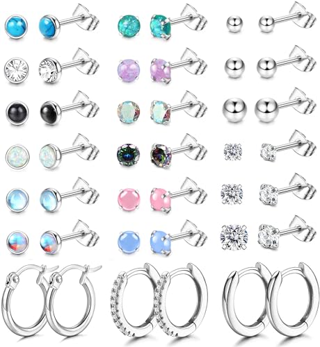 JeweBella 21Pairs Kleine Ohrstecker Chirurgenstahl Damen Flatback Ohrringe Hypoallergen Zirkonia Stern Opal Mondstein Knorpel Ohrringe Set Silber Creolen Piercing Ohrstecker für Mehrere Ohrlöcher von JeweBella