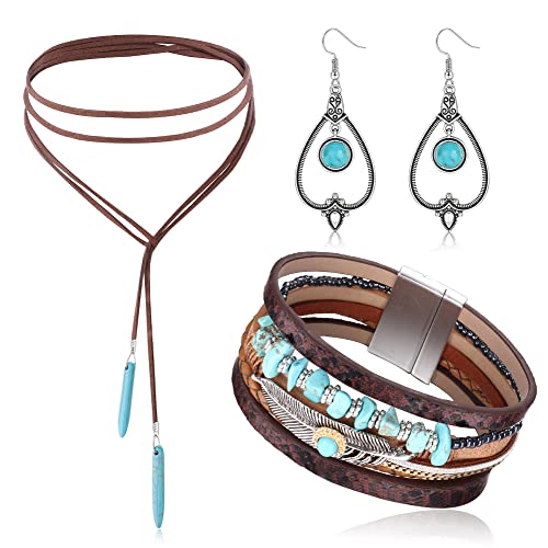 JeweBella Boho Schmuck Set Damen Vintage Bohemian Türkis Anhänger Halskette Boho Türkis Anhänger Ohrringe Türkis Armband Manschette Indianer Schmuck Vintage Türkis Schmuck Boho Weste Schmuck Damen von JeweBella