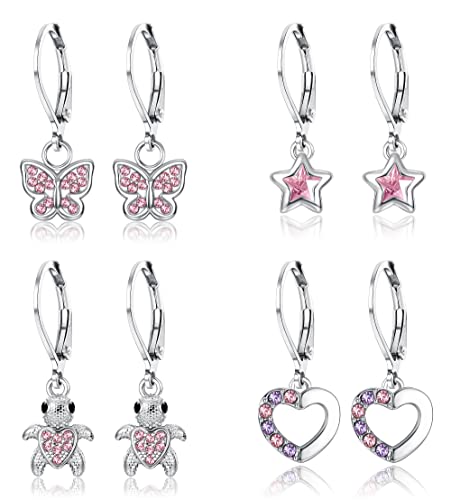 JeweBella 4Paar Ohrringe Hängend Mädchen Kinder Damen mit Zirkonia Ohrhänger Chirurgenstahl Hypoallergene mit Herz Blume Stern Schildkröte Knorpel Tragus Piercing Set von JeweBella