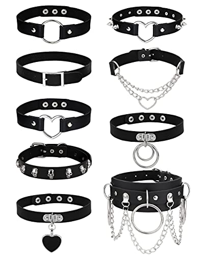 JeweBella 9PCS Gothic Choker Halsband für Damen Frauen PU Leder Halskette Set Punk Kette Schwarz Halsband Choker Spikes Rock Lederband Choker Kragen Cosplayer Herz Nieten Choker Verstellbarer von JeweBella