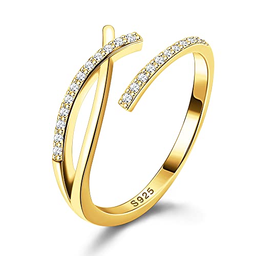 JeweBella Ring Silber 925 für Damen Silber/Gold/Roségold Fingerring Minimalistisch Zirkonia Ring Frauen Offener Verstellbare Ring von JeweBella