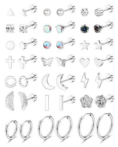 JeweBella 21Pairs Kleine Ohrstecker Chirurgenstahl Damen Knorpel Ohrringe Hypoallergen Zirkonia Stern Mond Flatback Ohrringe Set Creolen Silber Helix Piercing Ohrstecker für Mehrere Ohrlöcher von JeweBella