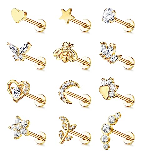 JewBella 12 Stück 16G Knorpel Helix Ohrringe für Damen Herren Chirurgenstahl Innengewinde CZ Mond Herz Stern Blatt Labret Monroe Medusa Nasenstecker Conch Tragus Helix Piercing Silber/Gold von JeweBella