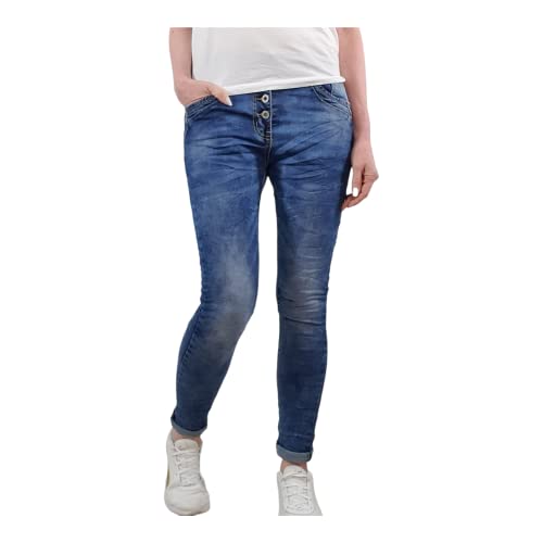 Jewelly Stretch Jeans| im Baggy Boyfriend Schnitt| Damen Hose mit dekorativer Knopfleiste (as3, Alpha, m, Regular, Regular, Cloudy Denim, M, Regulär) von Jewelly