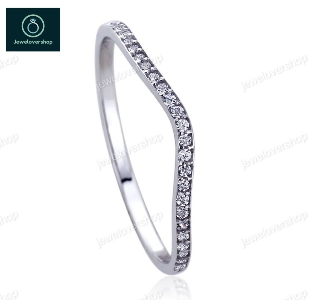 14 K Weißgold Ring, Echte Diamant-Ring, Halbe Ewigkeit Band, Ehering, Stapel Ring Für Frauen, Cz 925 Sterling Silber von Jewelovershop