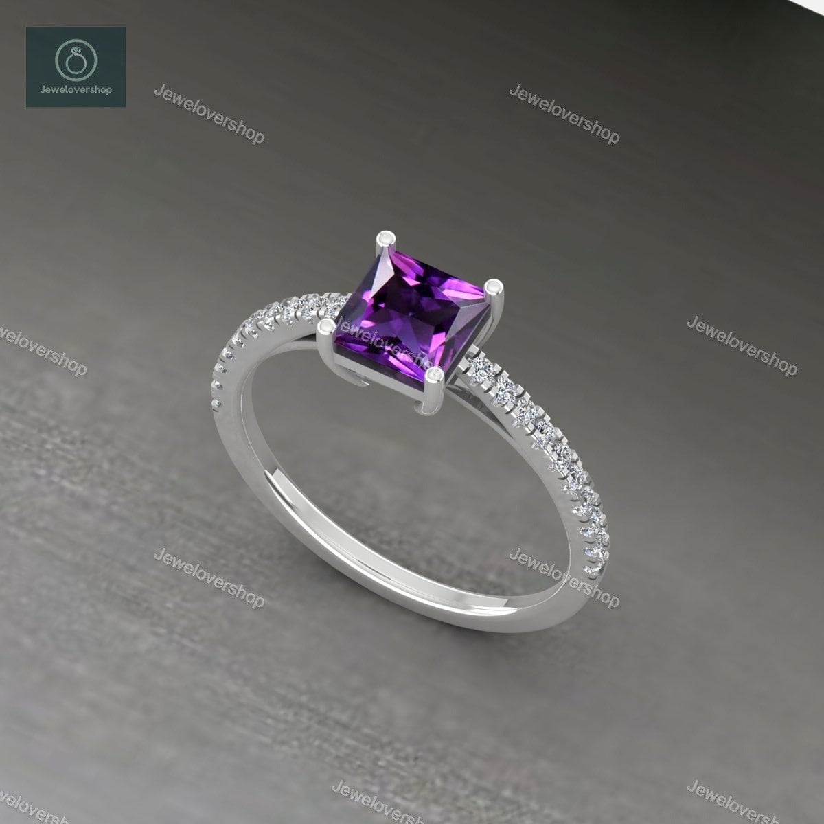 Natürlicher Amethyst Ring, Prinzessin Cut Amethyst, Versprechen Februar Geburtsstein, Silber Ehering, Geschenk Für Frauen von Jewelovershop