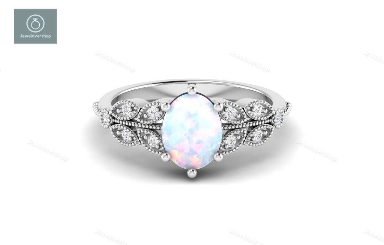 Natürlicher Opal Ring, Vintage Verlobungsring, Weißer Silber Schmuck, Gold Oktober Geburtsstein Frauen Ring von Jewelovershop