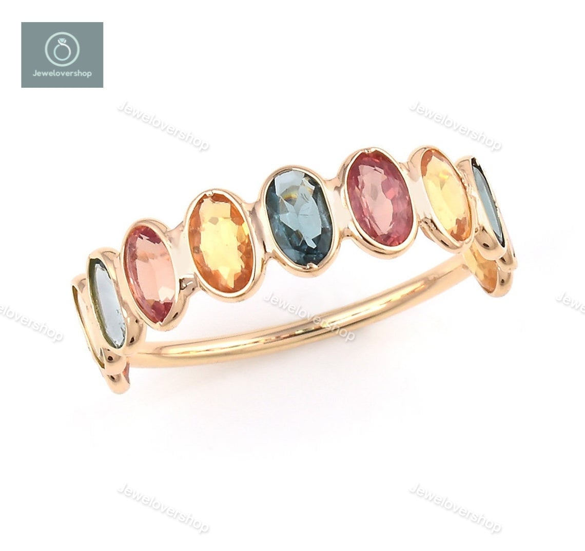 Regenbogen Saphir Ring, Halbe Ewigkeit Band 14K 18K Gold 925 Silber Natürliche Multi Art-Deco-Ring, Frauen Geschenk von Jewelovershop