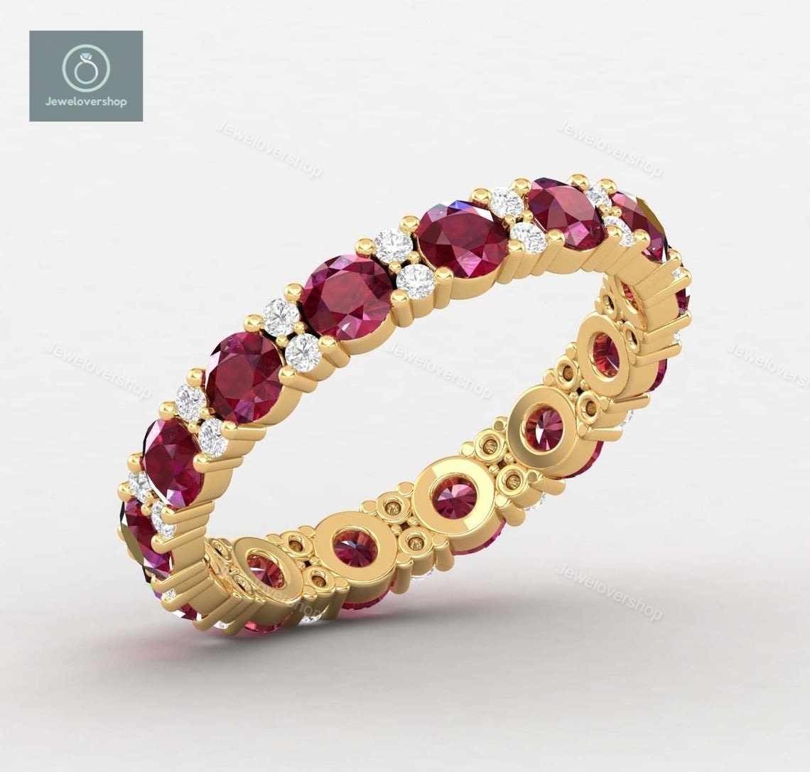 Rubin Ehering, Natürlicher Ring, Full Eternity Band, Stapelring, Sterling Silber Passendes 14K Gold Ringe Für Frauen von Jewelovershop