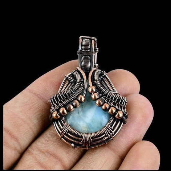 Larimar Anhänger Kupferdraht Gewickelt Edelstein Kupfer Schmuck Handmade Halsketten Jahrestag Geschenke Für Sie von JewelryByAnaika