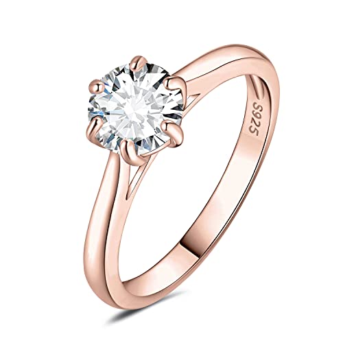 JewelryPalace 6.5mm 1ct Rund Moissanite Solitär Promise Ring Damen, Braut Schmuck Set, Verlobungsring Damenring Ringe Silber 925 mit Stein für Frauen, Simulierte Diamant Jubiläum Eheringe Rosegold 54 von JewelryPalace