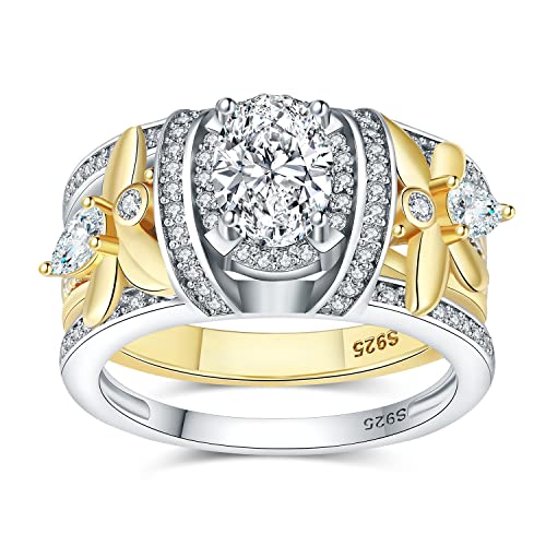 JewelryPalace Bienen Flügel Infinity Oval 1.5ct Zirkonia Halo Promise Ring Damen,Verlobungsring Silber 925 Gold Frauen,Unendlichkeit Simulierter Diamant Hochzeitsring Trauring Ehering Ring Band Set 51 von JewelryPalace