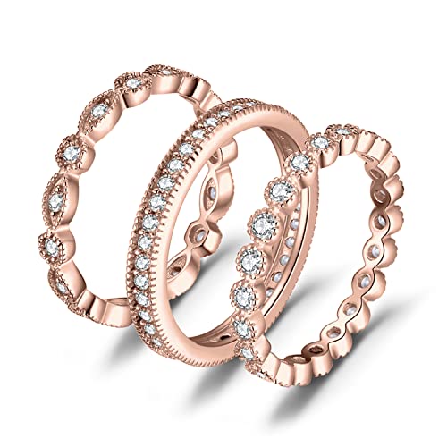 JewelryPalace Ewigkeitsring 3 Stapelringe Eheringe Ring Silber 925 Damen, Zirkonia Silberringe Trauringe Damenring Vorsteckring Rosegold Hochzeitsringe Antragsring Memoirering Ringe Set Schmuck 57 von JewelryPalace