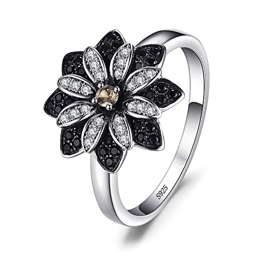 JewelryPalace Gänseblümchen Echt Natur Rauchquarz Spinell Ring Damen, Ring mit Schwarz Naturstein Blume Schmuck Set, Damenring Silber 925 für Frauen Ring Cocktail Schmuck Mädchen 51 von JewelryPalace