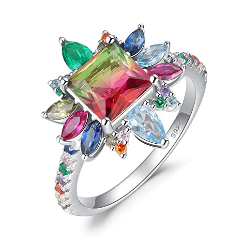 JewelryPalace Halo Prinzessschliff 4.6ct Simulierter Wassermelone Regenbogen Turmalin Smaragd Ring Damen, Bunt Stein Schmuck Set,Ring Silber 925 Frauen,Schmuck Mädchen Erstellt Rubin Saphir Spinell 51 von JewelryPalace