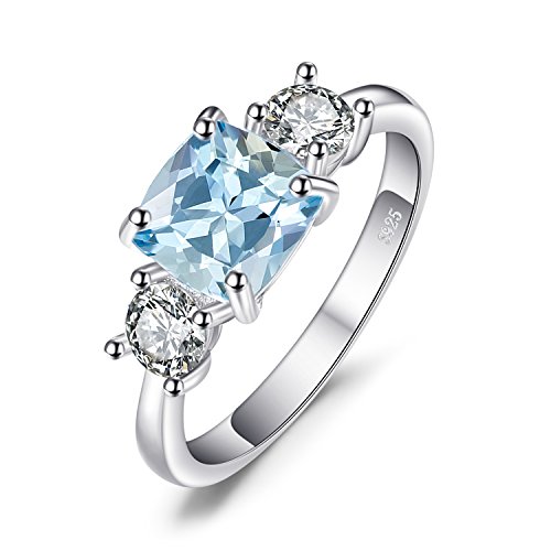 JewelryPalace Kissenschliff 2ct Echt Blau Topas Zirkonia Ring Damen, Drei Stein Schmuck Set, Verlobungsring Silber Ringe 925 für Frauen, Ring Promise Hochzeitstag Schmuck Mädchen mit Naturstein 54 von JewelryPalace