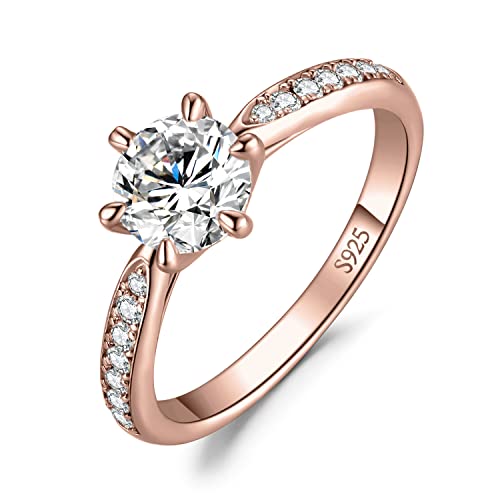 JewelryPalace Klassisch 6.5mm 1ct Rundschliff Moissanite Solitär Promise Ring Damen, Verlobungsring Damenring Ringe Silber 925 mit Stein für Frauen, Simulierte Diamant Jubiläum Eheringe Rosegold 51 von JewelryPalace