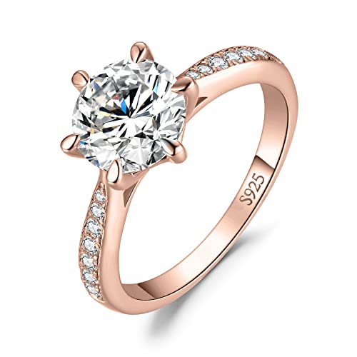 JewelryPalace Klassisch 8mm 2ct Rundschliff Zirkonia Solitär Promise Ring Damen, Verlobungsring Damenring Ringe Silber 925 mit Stein für Frauen, Simulierte Diamant Jubiläum Eheringe Rosegold 51 von JewelryPalace