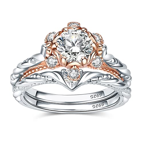 JewelryPalace Klassisch Blume 1.5ct Zirkonia Promise Ring Damen, Crown Verlobungsring Silber 925 Rosegold Frauen, Simulierter Diamant Hochzeitsring Trauring Ehering Ring Band Set 51 von JewelryPalace