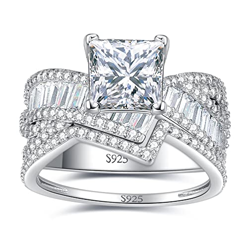 JewelryPalace Klassisch Prinzessschliff 2ct Zirkonia Solitär Bypass Ring Damen, Verlobungsring Silber 925 für Frauen, Hochzeitsring Simulierter Diamant Stapelring Trauring Ehering Band Ringe Set 57 von JewelryPalace