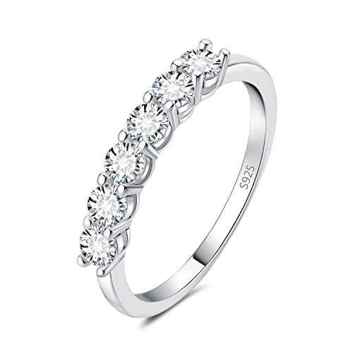 JewelryPalace Modeschmuck Klassisch 6 Stein 1.5mm 0.6ct Moissanite Band Ring Damen, Hochzeitsringe Damenring Silber 925 Trauringe Eheringe Frauen, Vorsteckring Halb Eternity Ring Bandring Schmal 51 von JewelryPalace