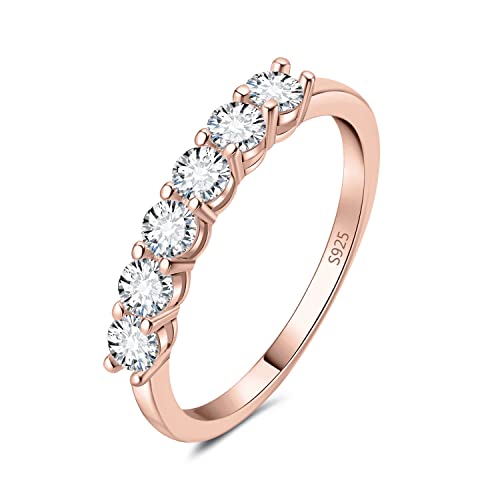 JewelryPalace Modeschmuck Klassisch 6 Stein 1.5mm 0.6ct Zirkonia Band Ring Damen, Hochzeitsringe Silber 925 Trauringe Eheringe Frauen, Vorsteckring Halb Eternity Ring Bandring Schmal Rosegold 54 von JewelryPalace