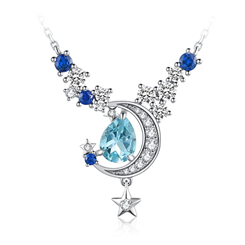 JewelryPalace Mond Stern Echt Blautopas Erstellt Saphir Kette Anhänger, Tropfenschliff Blau Topas Stein Schmuck Set, Halskette Silber 925 Collier Damen Edelstein Mädchen, Ketten Zirkonia Frauen 45CM von JewelryPalace