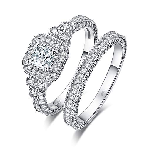 JewelryPalace Prinzessschliff Zirkonia Halo Promise Verlobung Ring Silber 925 Damen, Halb Eternity Jubiläum Hochzeitsring Vorsteckring Trauring Ehering Braut Set Ringe Silber Ring mit Stein Frauen 59 von JewelryPalace