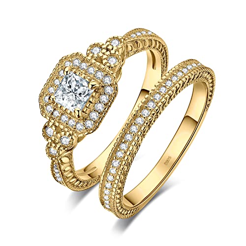 JewelryPalace Prinzessschliff Zirkonia Halo Promise Verlobung Ring Silber 925 Damen,Halb Eternity Jubiläum Hochzeitsring Vorsteckring Trauring Ehering Braut Set Ringe mit Stein Für Frauen Vergoldet 57 von JewelryPalace