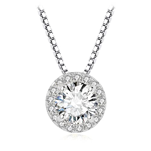 JewelryPalace Rund 1ct Moissanite Halo Kette Anhänger, Simulierter Diamant Braut Schmuck Set, Halskette Damen Silber 925 Collier Damen mit Stein, Schmuck Mädchen Geschenk für Frauen 45CM von JewelryPalace