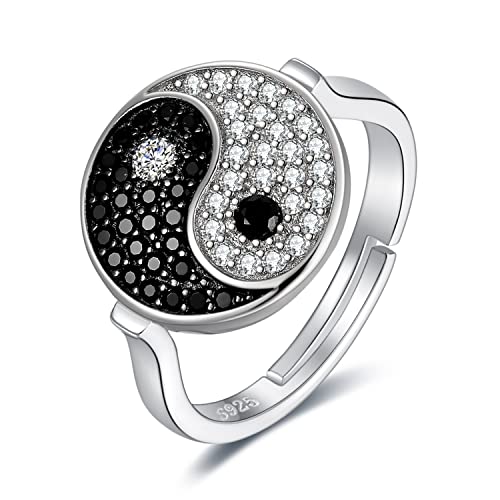 JewelryPalace Rundschliff Ying Yang Taichi Ring Echt Natur Schwarz Spinell Ring Damen, Bicolor Zirkonia Schmuck Set, Damenring Silber 925 Ring Offen Verstellbare für Frauen, Schmuck Mädchen Naturstein von JewelryPalace