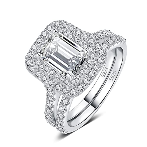 JewelryPalace Smaragdschliff 2.9ct Zirkonia Doppelt Halo Promise Ring Damen, Verlobungsring Silber 925 mit Stein, Damenring Simulierter Diamant Hochzeitsring Trauringe Ehering Band Ring Set Frauen 54 von JewelryPalace