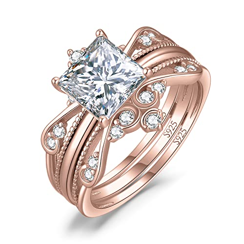 JewelryPalace Vintage Klassisch Welle Krone Prinzessschliff 2ct Zirkonia Ring Damen, Verlobungsring Silber 925 mit Stein, Hochzeitsring Stapelring Ehering Trauring Band Ring Set für Frauen Rosegold 48 von JewelryPalace