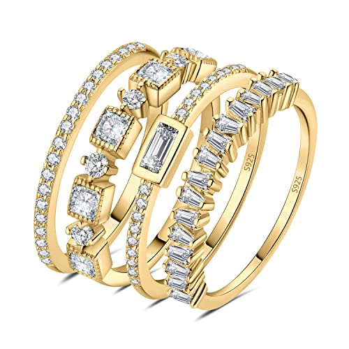 JewelryPalace Vintage Prinzessschliff Zirkonia Band Ring Damen, Hochzeitsringe Silber 925 Trauringe Eheringe für Frauen, Vorsteckring Stapelring Eternity Ring Schmal, Ringe Set Schmuck Vergoldet 54 von JewelryPalace