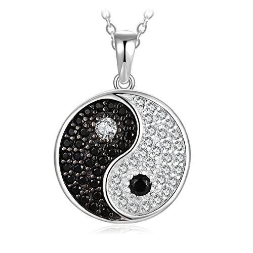 JewelryPalace Ying Yang Taichi Echt Schwarz Spinell Zirkonia Kette Anhänger 45CM, Halsketten mit Rundem Anhänger Schmuck Set Frauen, Halskette Damen Silber 925 Collier Damen Edelstein Mädchen von JewelryPalace