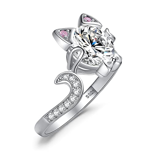 JewelryPalace Süße Katze Offen Verstellbarer Ring Damen, Statement Ring Rosa Zirkonia Stein Schmuck Set, Katzenkopf Katzenschwanz Ringe Schleife Damenring Silber 925 Frauen Geschenk, Schmuck Mädchen von JewelryPalace